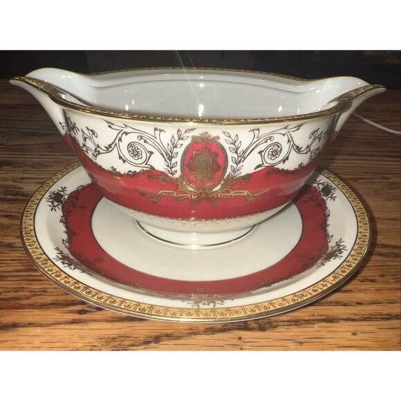 Meito MANDARIN Gravy Boat & Attached Underplate Red Gold Excellent Pristine! - Picture 1 of 8